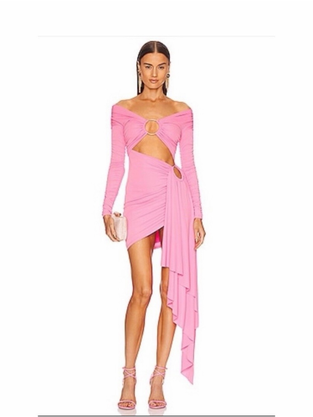 Michael Costello Pink Asymmetric Cutout Ring-Accent Mini Dress